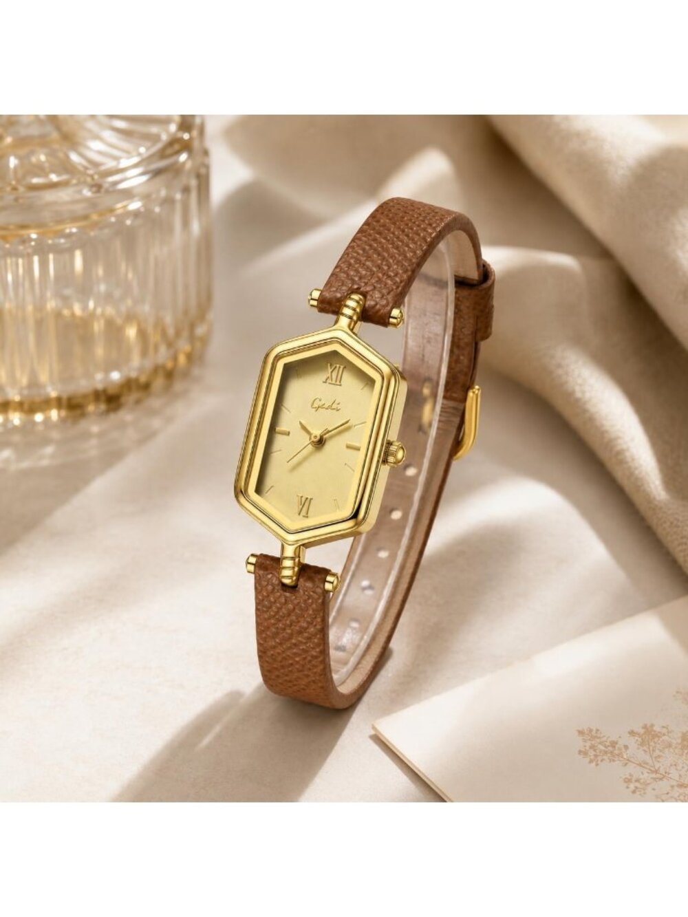 Women's Brown Gold Vintage Slim Leather Strap Bracelet Hexagon Case Wrist Watch - Picture 3 of 4